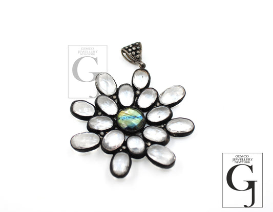 Healing crystal labradorite flower designer Rosecut pave diamond pendant 925 sterling silver handmade finish diamond necklace pendant