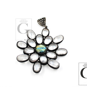 Healing crystal labradorite flower designer Rosecut pave diamond pendant 925 sterling silver handmade finish diamond necklace pendant