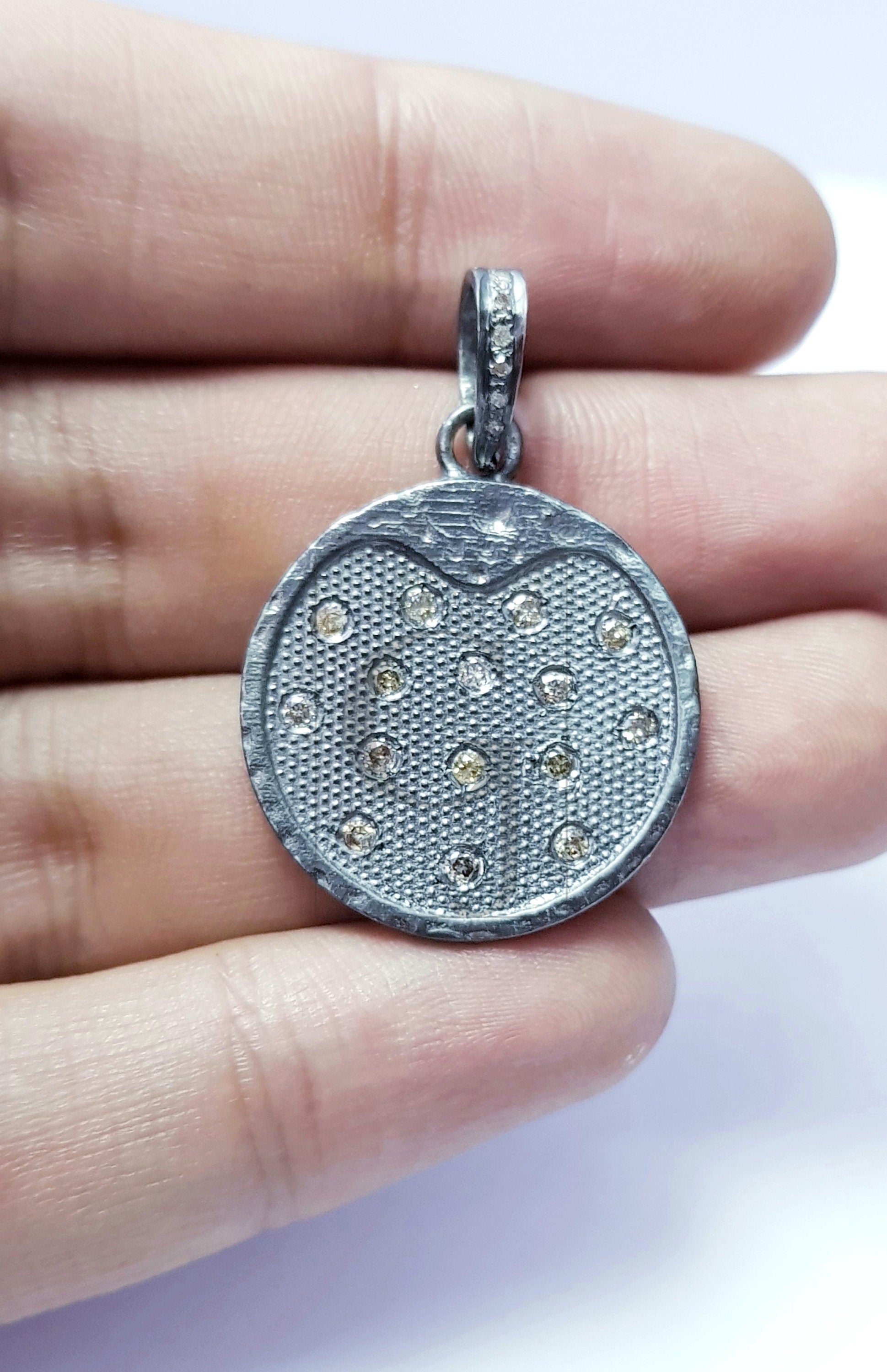 Very beautiful round textured rose cut pave diamond pendant 925 sterling silver handmade stylish diamond coin pendant jewelry ready to ship