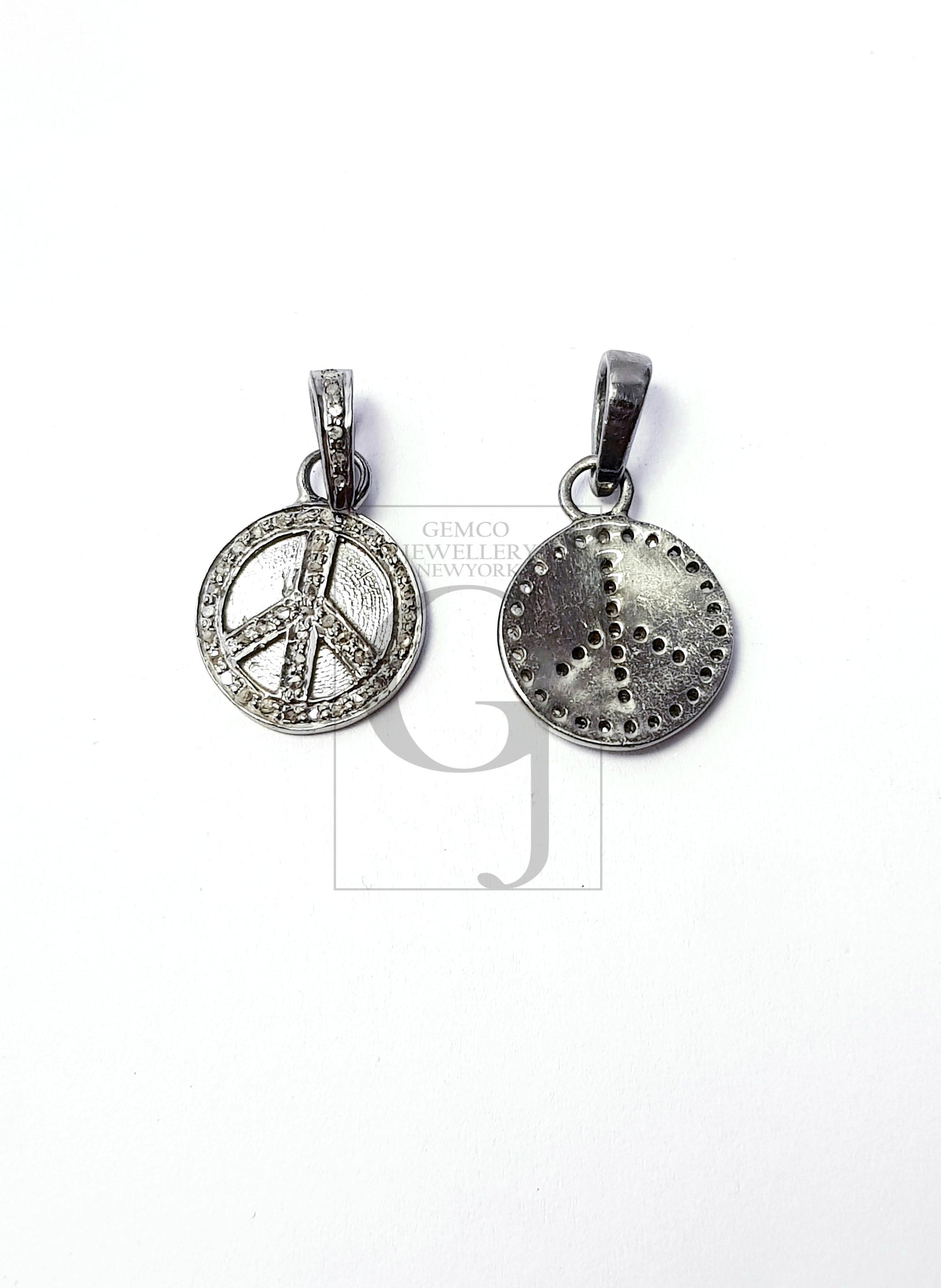 Peace design circle shaped diamond charm pendant Pave diamond rosecut pendant 925 sterling silver finish pendant handmade diamond pendant