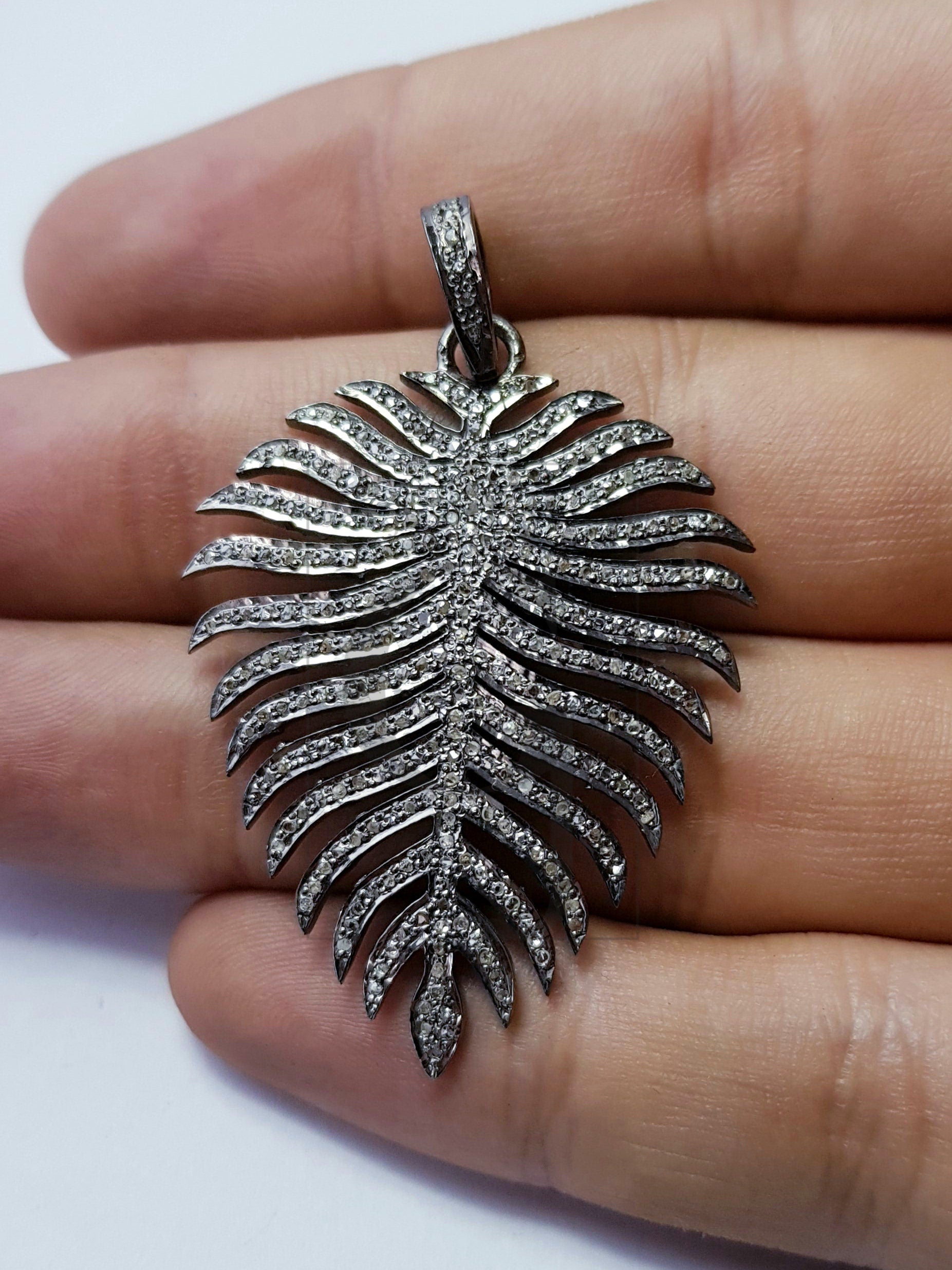 Leaf design latest rosecut pave diamond pendant 925 sterling silver handmade finish diamond pendant jewelry