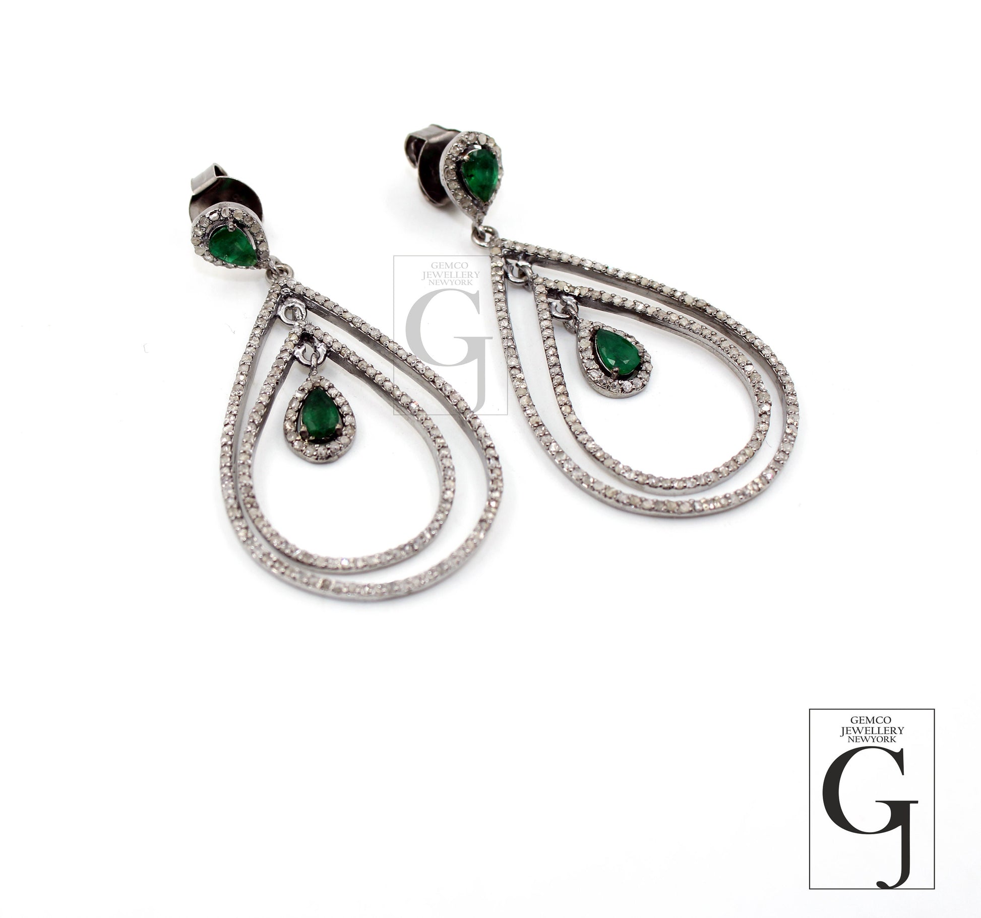 Fashionable Emerald designer earring Rosecut pave diamond earrings 925 sterling silver handmade silver finish sapphire diamond earrings