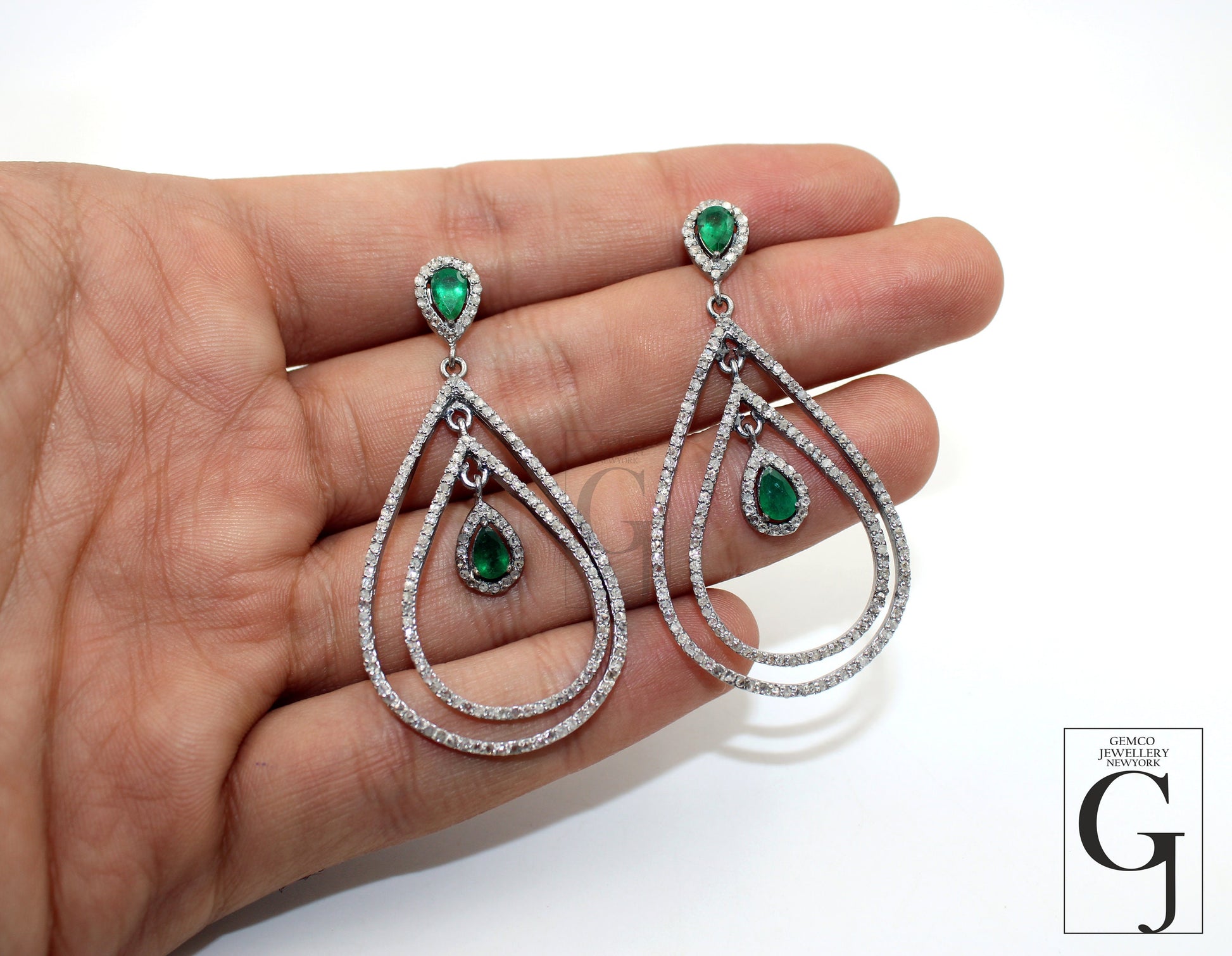 Fashionable Emerald designer earring Rosecut pave diamond earrings 925 sterling silver handmade silver finish sapphire diamond earrings