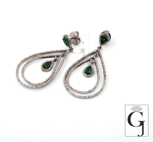 Fashionable Emerald designer earring Rosecut pave diamond earrings 925 sterling silver handmade silver finish sapphire diamond earrings