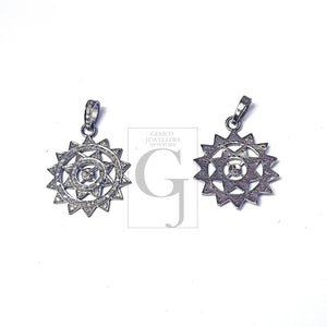Beautiful Round Design Sunburst Rocecut Pave Diamond Pendant 925 Sterling Silver Handmade Finish Diamond Jewelry