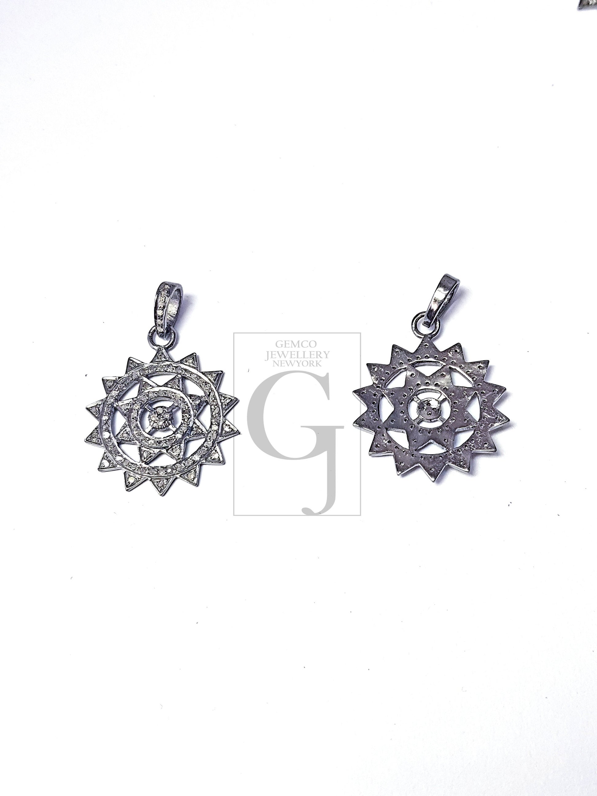 Beautiful Round Design Sunburst Rocecut Pave Diamond Pendant 925 Sterling Silver Handmade Finish Diamond Jewelry