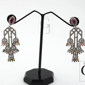 Fashionable real multi coloured tourmaline stone designer earring Rosecut pave diamond 925 sterling silver finish handmade diamond earring
