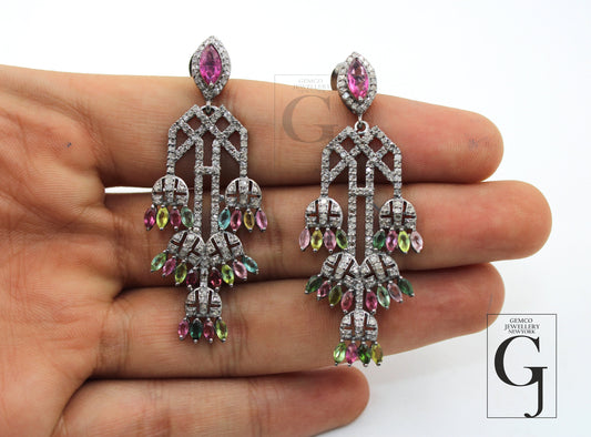 Fashionable real multi coloured tourmaline stone designer earring Rosecut pave diamond 925 sterling silver finish handmade diamond earring