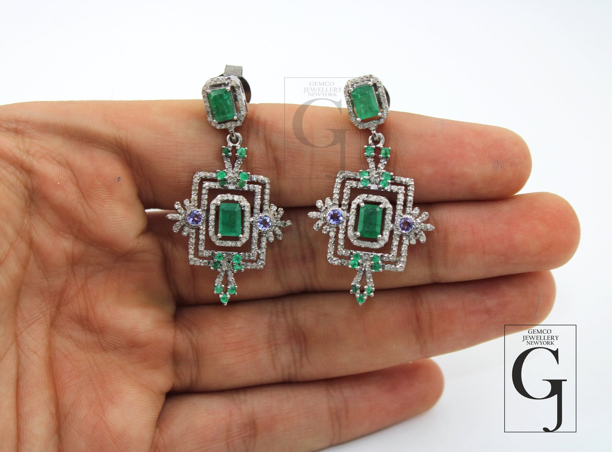 Beautiful Designer Emerald Earring Rosecut Pave Diamond Earrings 925 Sterling Silver Handmade Diamond Earring Schendlier Earring