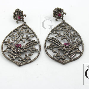 Antique Look Bird Designer Tourmaline Earring Rosecut Pave Diamond Earrings 925 Sterling Silver Handmade Silver Finish Diamond Earring