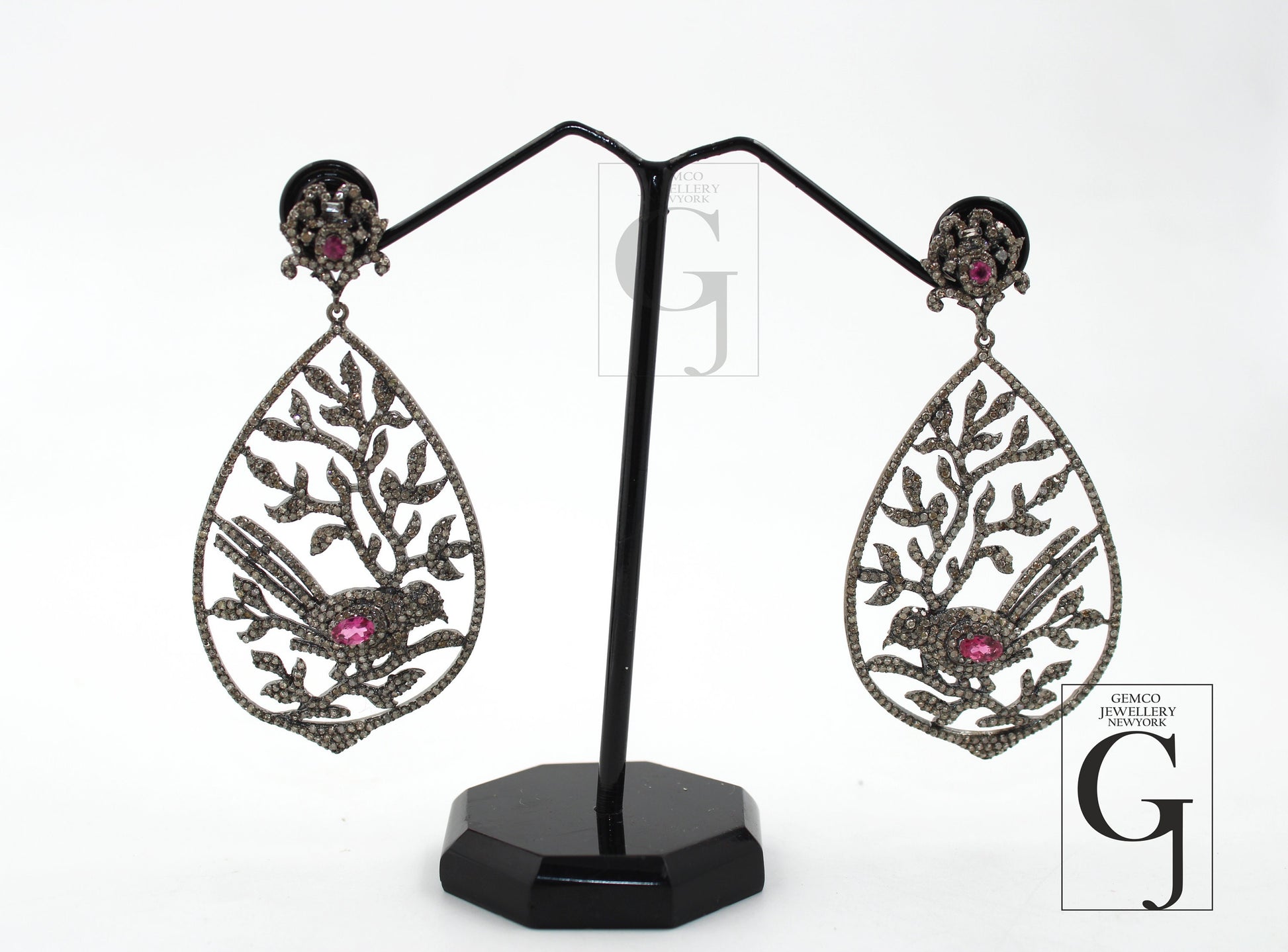 Antique Look Bird Designer Tourmaline Earring Rosecut Pave Diamond Earrings 925 Sterling Silver Handmade Silver Finish Diamond Earring