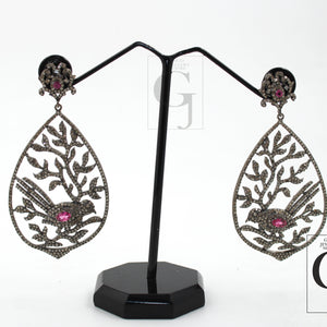 Antique Look Bird Designer Tourmaline Earring Rosecut Pave Diamond Earrings 925 Sterling Silver Handmade Silver Finish Diamond Earring