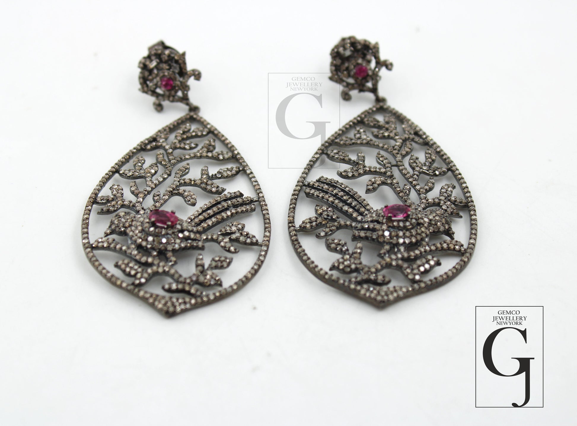 Antique Look Bird Designer Tourmaline Earring Rosecut Pave Diamond Earrings 925 Sterling Silver Handmade Silver Finish Diamond Earring