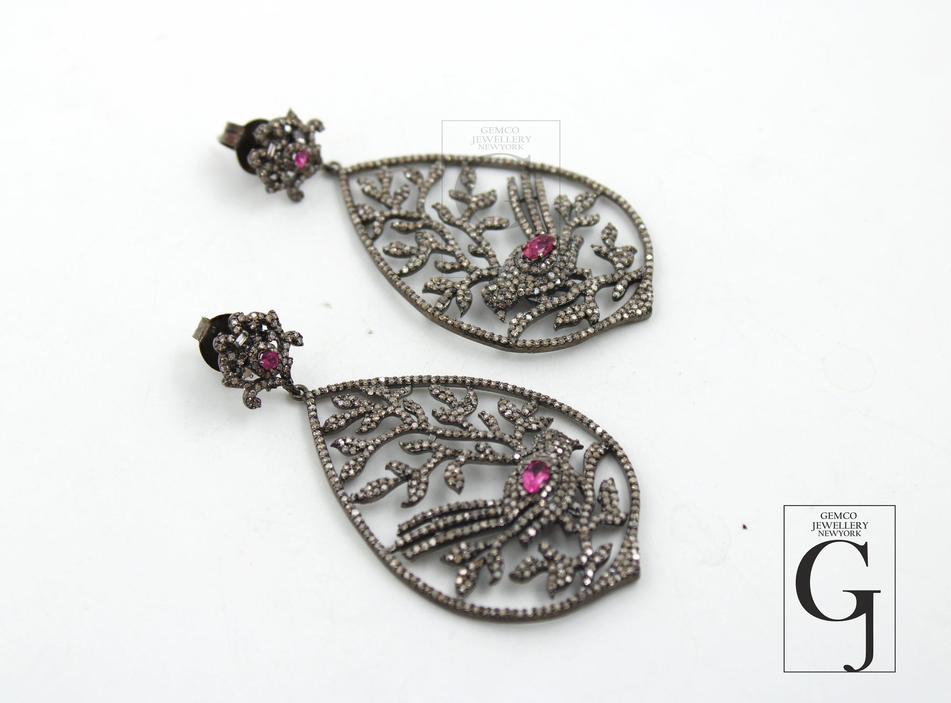 Antique Look Bird Designer Tourmaline Earring Rosecut Pave Diamond Earrings 925 Sterling Silver Handmade Silver Finish Diamond Earring