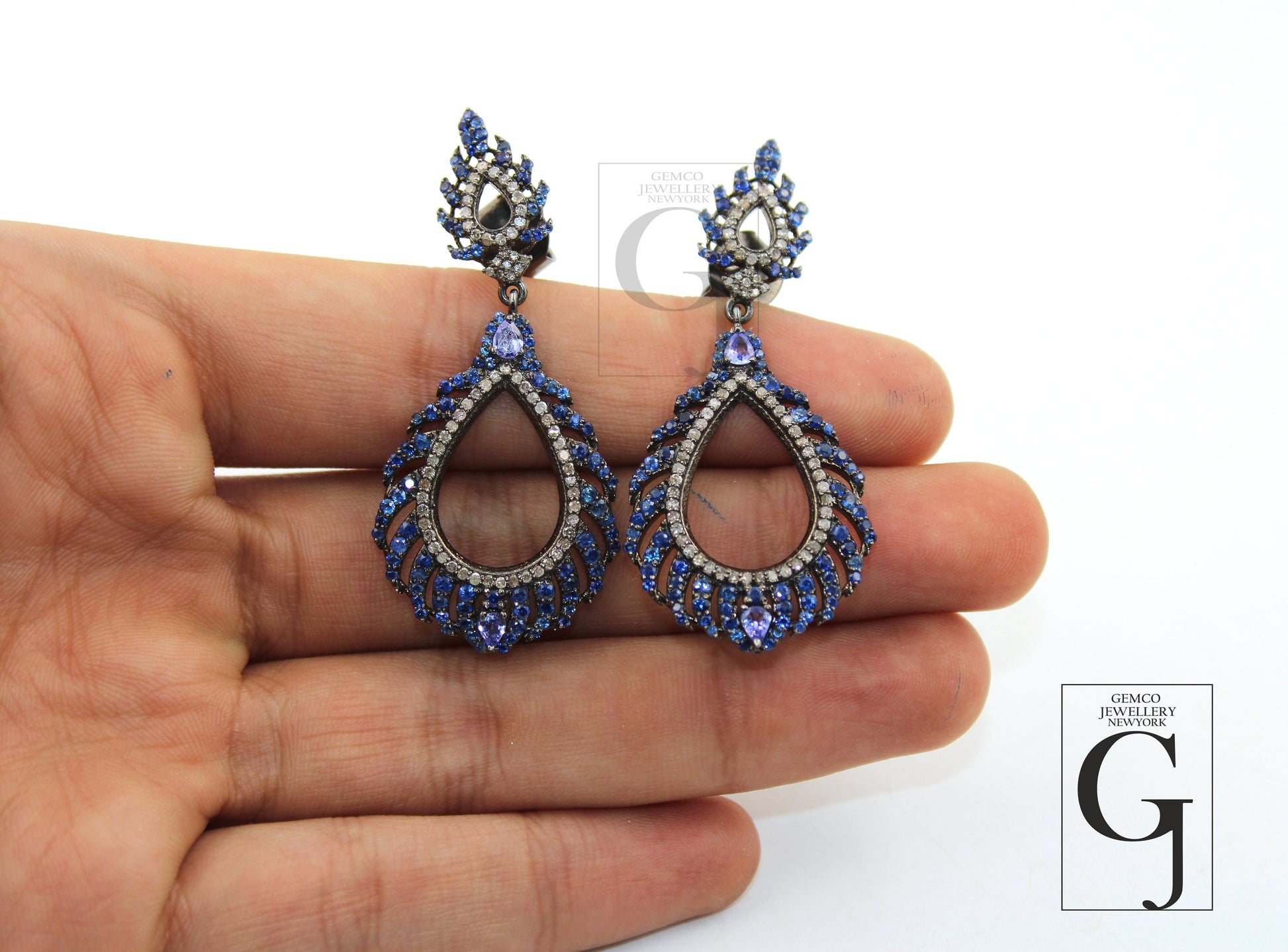 Designer tear drop feather blue sapphire earring Rosecut pave diamond earring 925 sterling silver handmade silver finish diamond earring