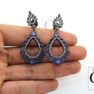 Designer tear drop feather blue sapphire earring Rosecut pave diamond earring 925 sterling silver handmade silver finish diamond earring