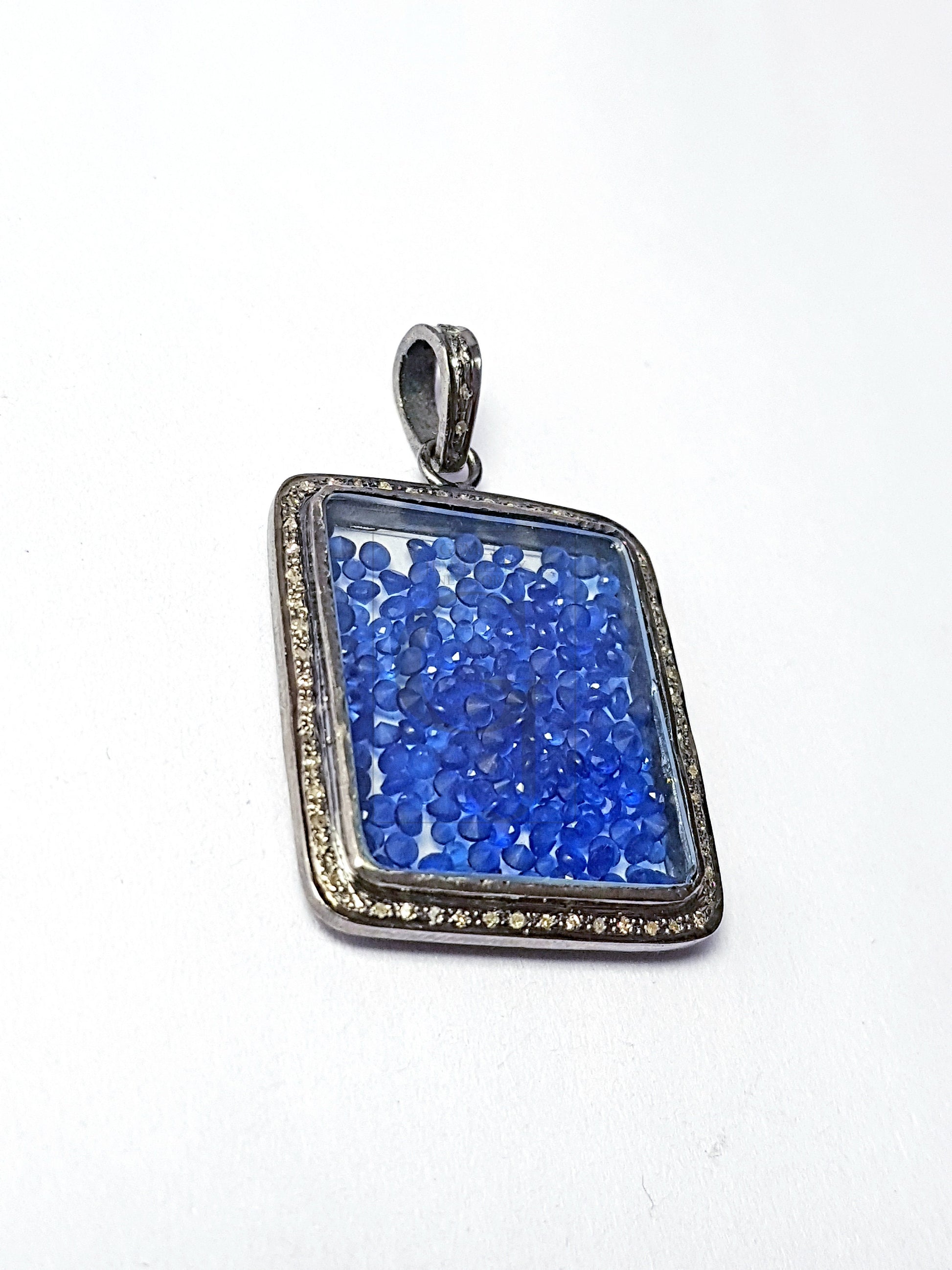 Rectangle Shaped With Blue Pink Stone Shaker Diamond Charm Pave Diamond Rosecut Pendant 925 Sterling Silver Pendant Handmade Diamond Pendant