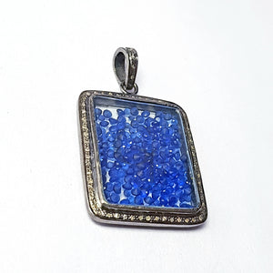 Rectangle Shaped With Blue Pink Stone Shaker Diamond Charm Pave Diamond Rosecut Pendant 925 Sterling Silver Pendant Handmade Diamond Pendant