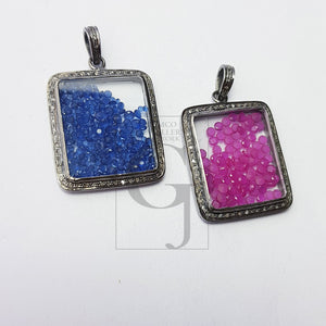 Rectangle Shaped With Blue Pink Stone Shaker Diamond Charm Pave Diamond Rosecut Pendant 925 Sterling Silver Pendant Handmade Diamond Pendant