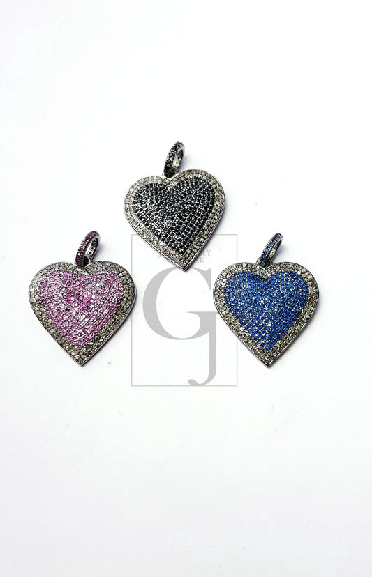 Heart Shaped Rosecut Pave Diamond Pendant 925 Sterling Silver Handmade Finish Blue Sapphire/Ruby/Black Stone  Diamond Pendant Jewelry