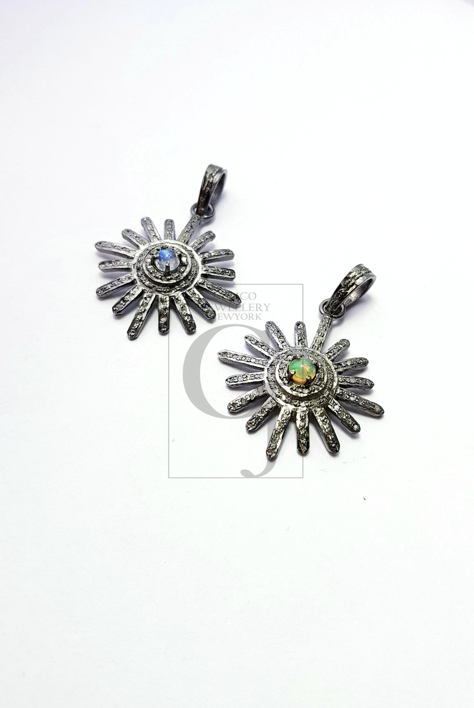 Beautiful Sunburst Antique Designer Rosecut Pave Diamond Pendant 925 Sterling Silver Handmade Finish Opal/Moonstone Diamond Pendant Jewelry