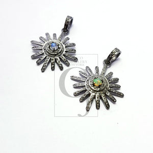 Beautiful Sunburst Antique Designer Rosecut Pave Diamond Pendant 925 Sterling Silver Handmade Finish Opal/Moonstone Diamond Pendant Jewelry