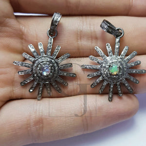 Beautiful Sunburst Antique Designer Rosecut Pave Diamond Pendant 925 Sterling Silver Handmade Finish Opal/Moonstone Diamond Pendant Jewelry