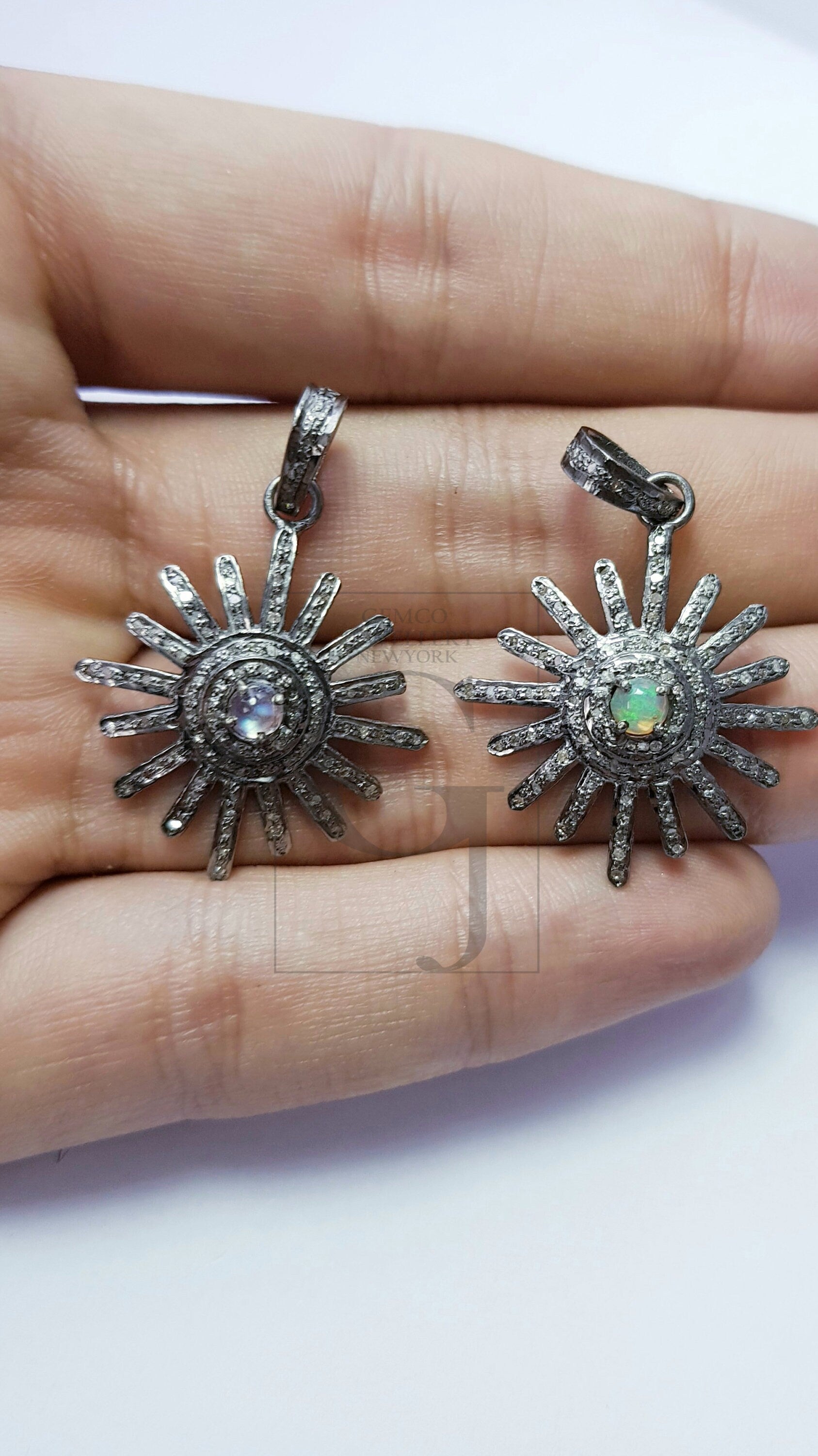 Beautiful Sunburst Antique Designer Rosecut Pave Diamond Pendant 925 Sterling Silver Handmade Finish Opal/Moonstone Diamond Pendant Jewelry