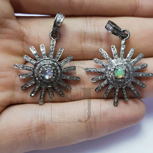 Beautiful Sunburst Antique Designer Rosecut Pave Diamond Pendant 925 Sterling Silver Handmade Finish Opal/Moonstone Diamond Pendant Jewelry