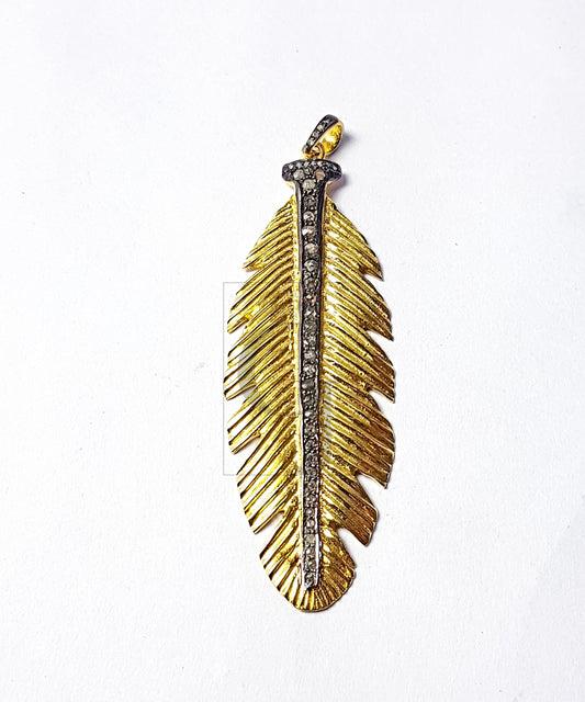 Very Beautiful Golden Feather Design Diamond Charm Pave Diamond Rosecut Pendant 925 Sterling Silver Finish Handmade Diamond Pendant Charm