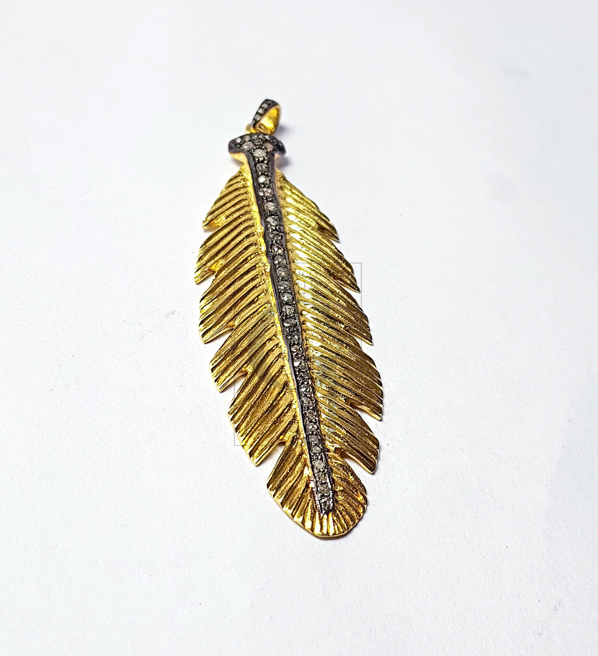 Very Beautiful Golden Feather Design Diamond Charm Pave Diamond Rosecut Pendant 925 Sterling Silver Finish Handmade Diamond Pendant Charm