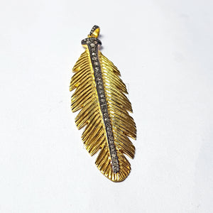 Very Beautiful Golden Feather Design Diamond Charm Pave Diamond Rosecut Pendant 925 Sterling Silver Finish Handmade Diamond Pendant Charm