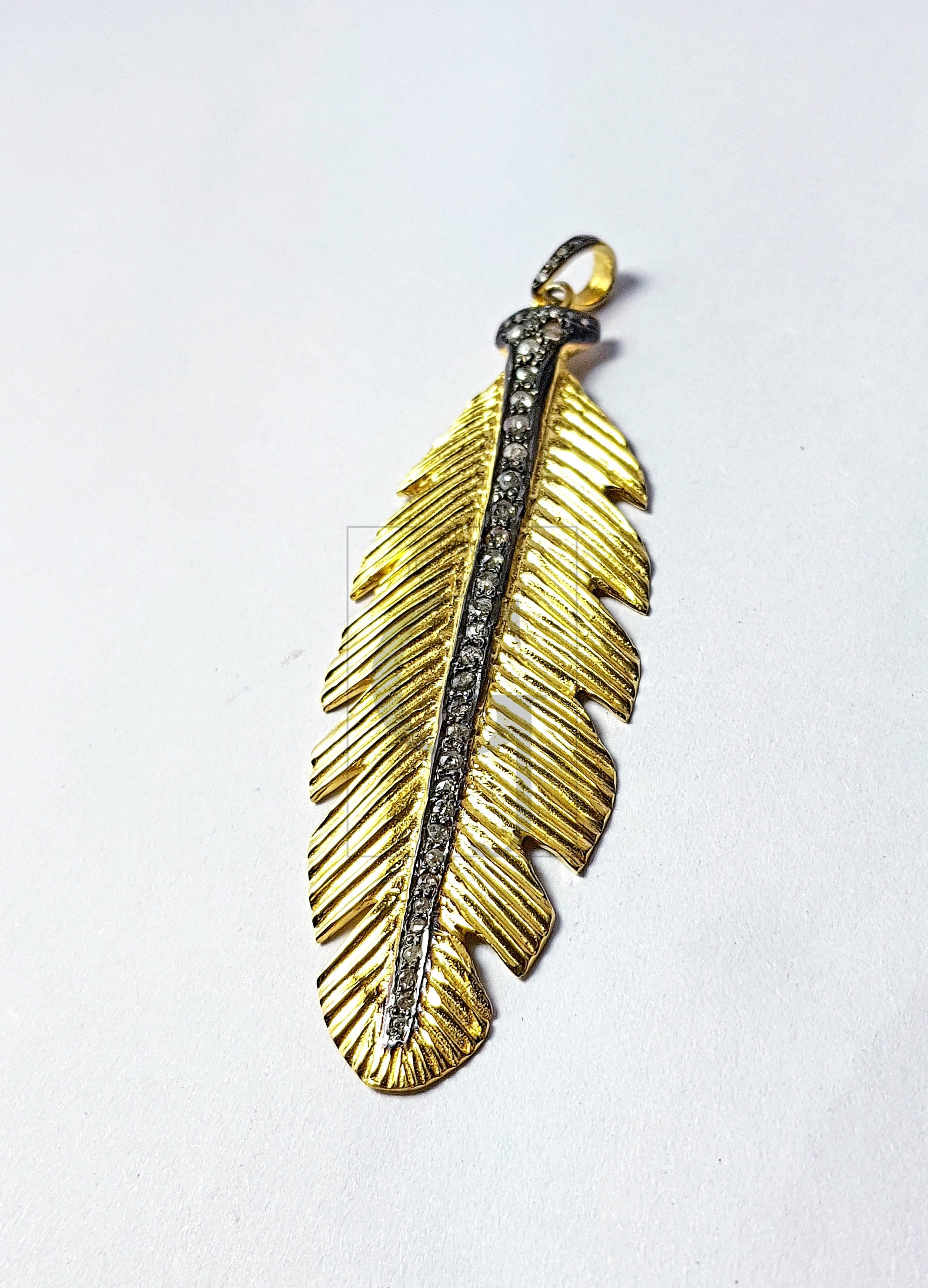 Very Beautiful Golden Feather Design Diamond Charm Pave Diamond Rosecut Pendant 925 Sterling Silver Finish Handmade Diamond Pendant Charm