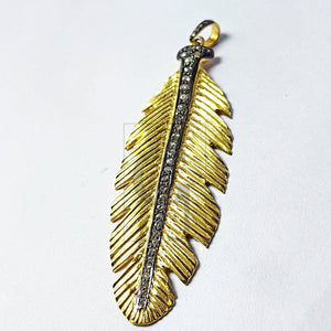 Very Beautiful Golden Feather Design Diamond Charm Pave Diamond Rosecut Pendant 925 Sterling Silver Finish Handmade Diamond Pendant Charm