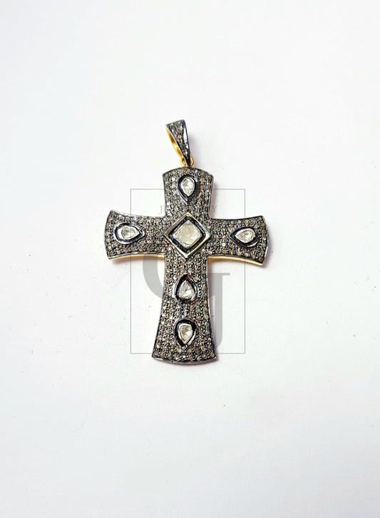 Rosecut pave diamond beautiful pendant 925 sterling silver handmade finish cross design flat diamond designer jewelry