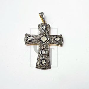 Rosecut pave diamond beautiful pendant 925 sterling silver handmade finish cross design flat diamond designer jewelry