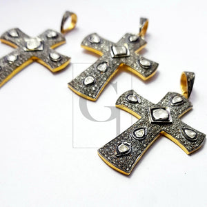 Rosecut pave diamond beautiful pendant 925 sterling silver handmade finish cross design flat diamond designer jewelry