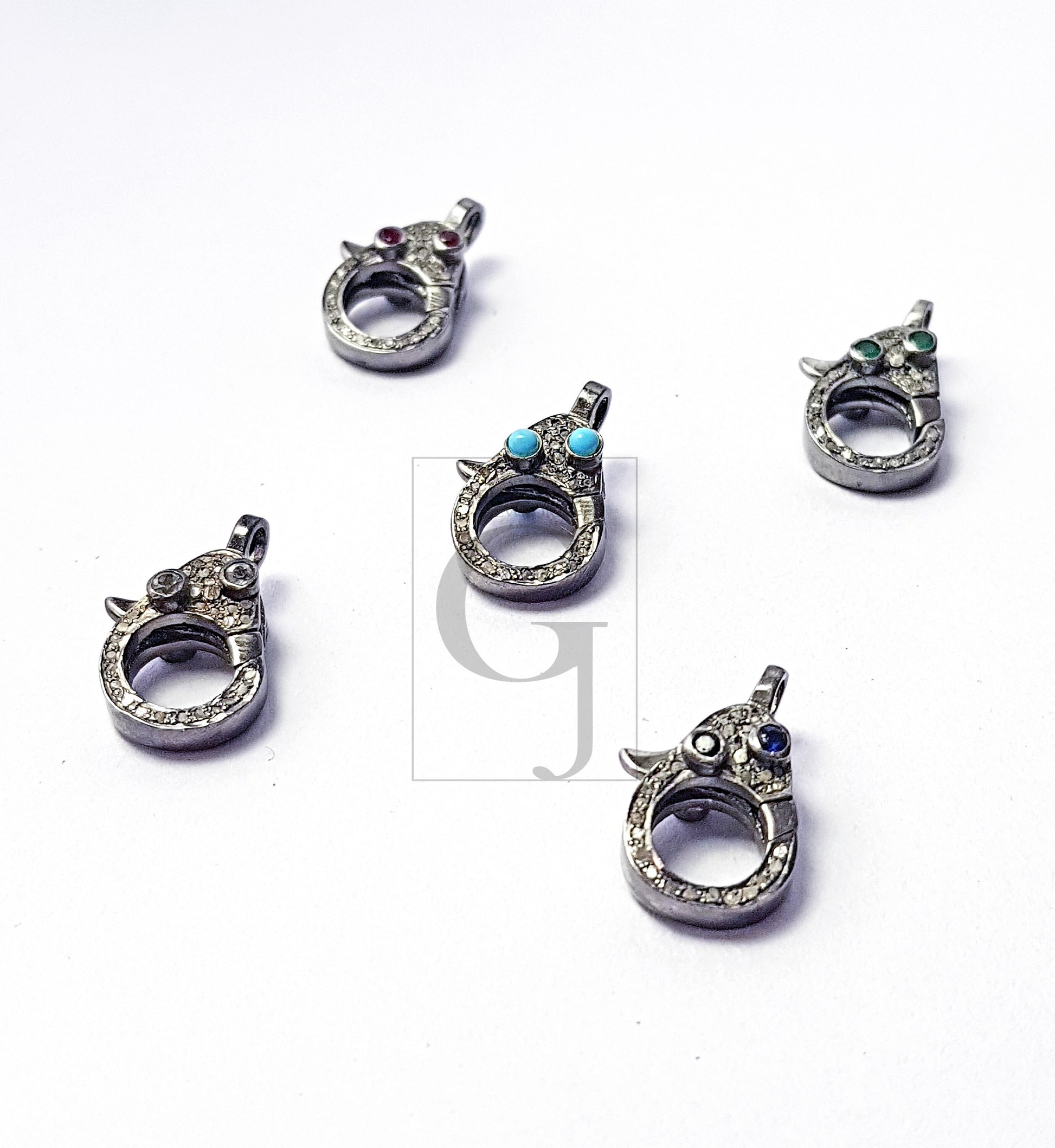 Both Sided Color Stone Design Clasp, Pave Rosecut Diamond Clasp, 925 Sterling Silver Handmade Clasp, Diamond Clasp, Pave Diamond Clasp