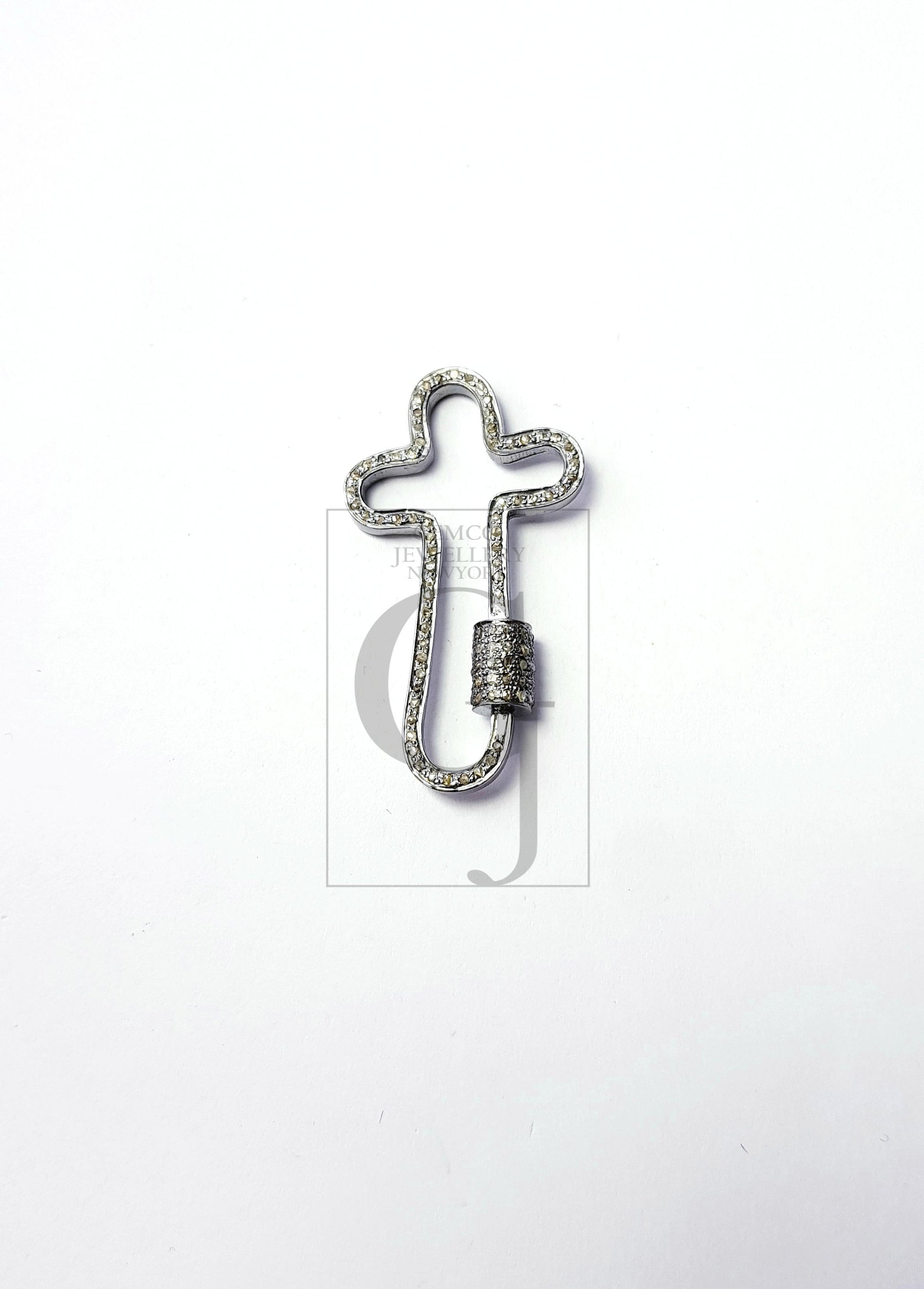 1pc Crossed Shaped Carabiner Lock Rosecut Pave Diamond Screw Design Clasps 925 Sterling Silver Handmade Finish Oxidized Clasps