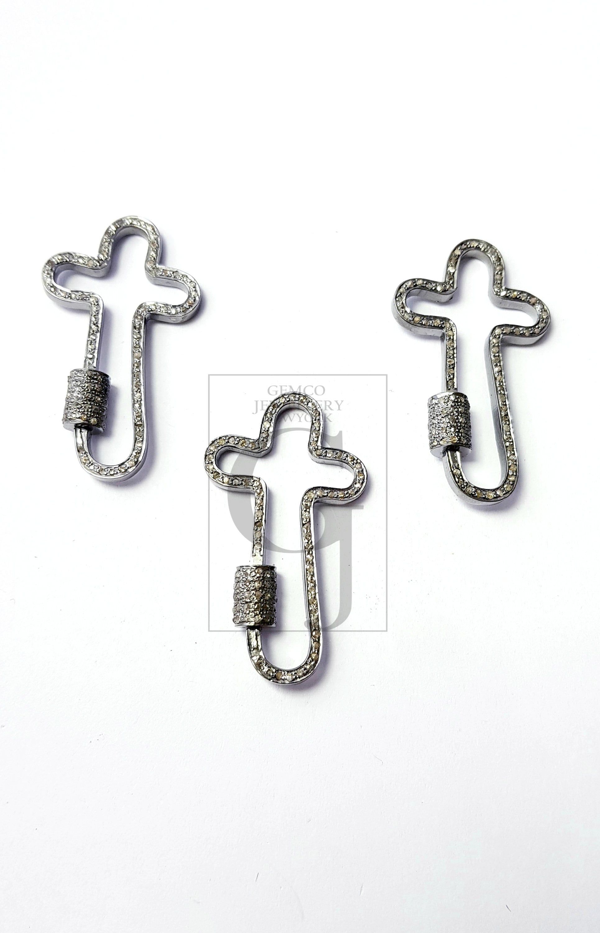 1pc Crossed Shaped Carabiner Lock Rosecut Pave Diamond Screw Design Clasps 925 Sterling Silver Handmade Finish Oxidized Clasps
