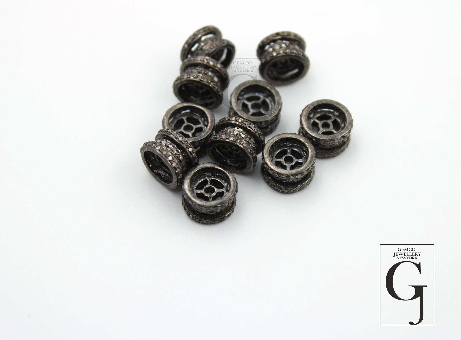 Rondelles Pave Diamond  Bead / Spacers Design Pave Diamond 925 Sterling Silver Handmade Jewelry Diamond Fine Jewelry