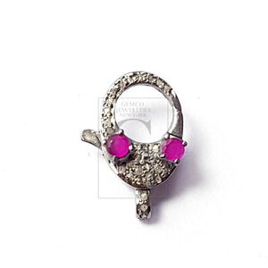 Natural Genuine Sapphire,Emerald,Ruby Both Side Color Stone Clasp Pave Rosecut Diamond 925 Sterling Silver Handmade Clasp Accessory