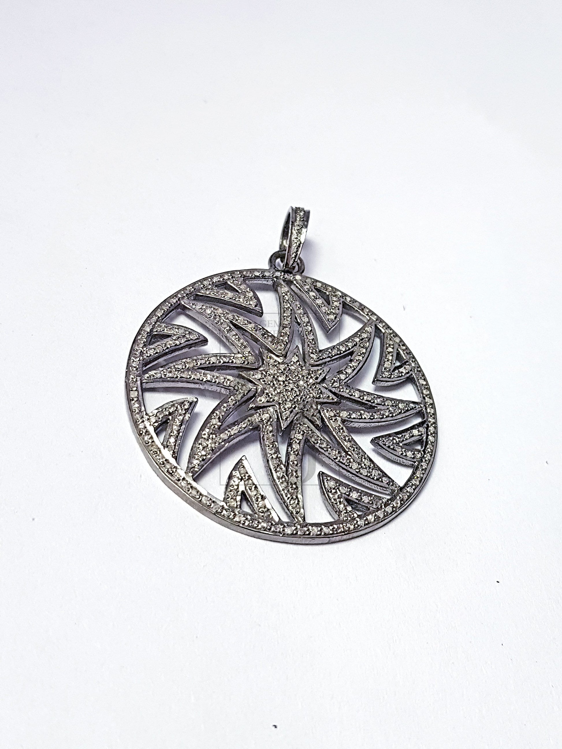 Round sunburst Rocecut pave diamond pendant 925 sterling silver handmade finish diamond jewelry Indian diamond pendant