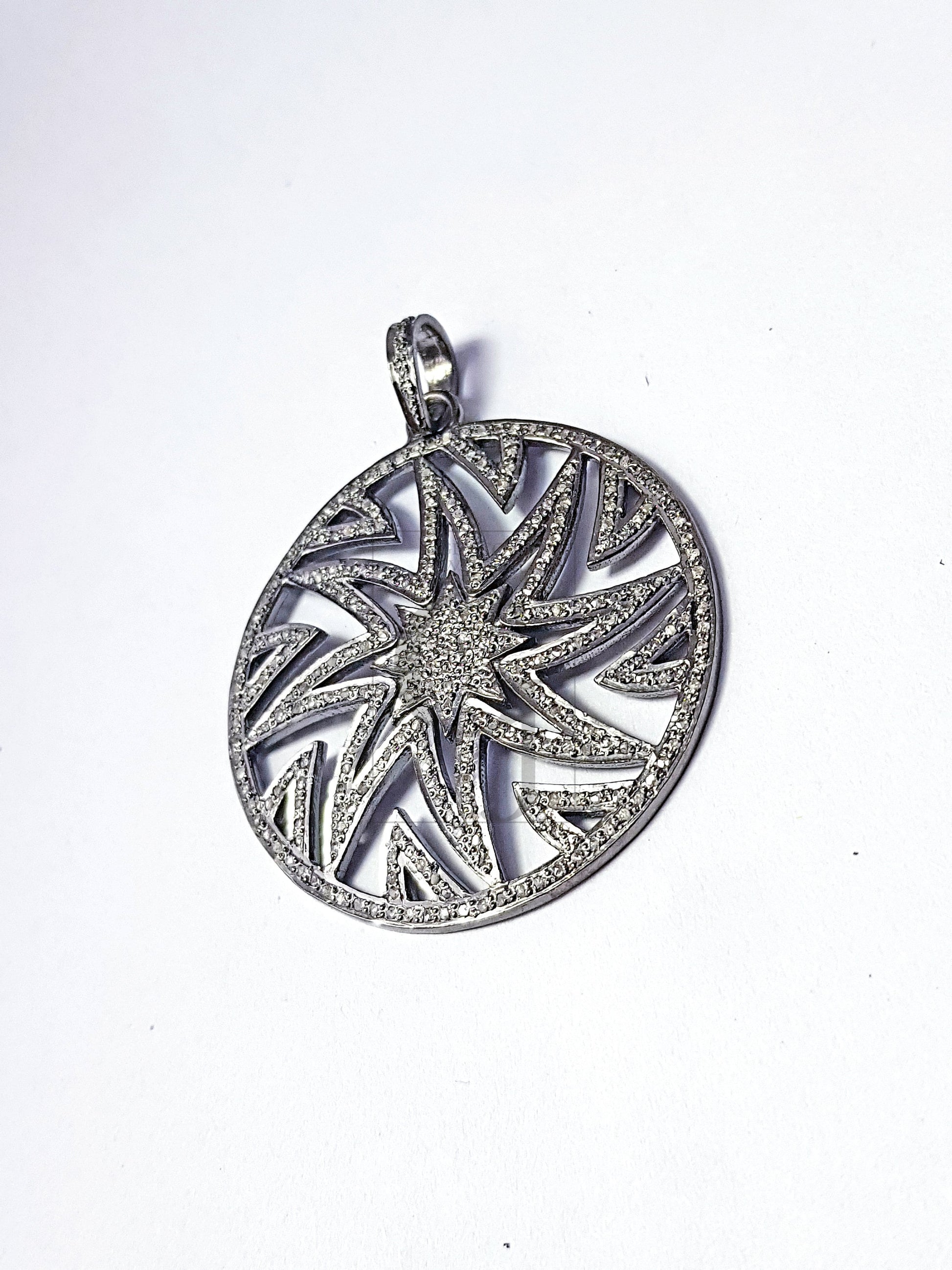 Round sunburst Rocecut pave diamond pendant 925 sterling silver handmade finish diamond jewelry Indian diamond pendant