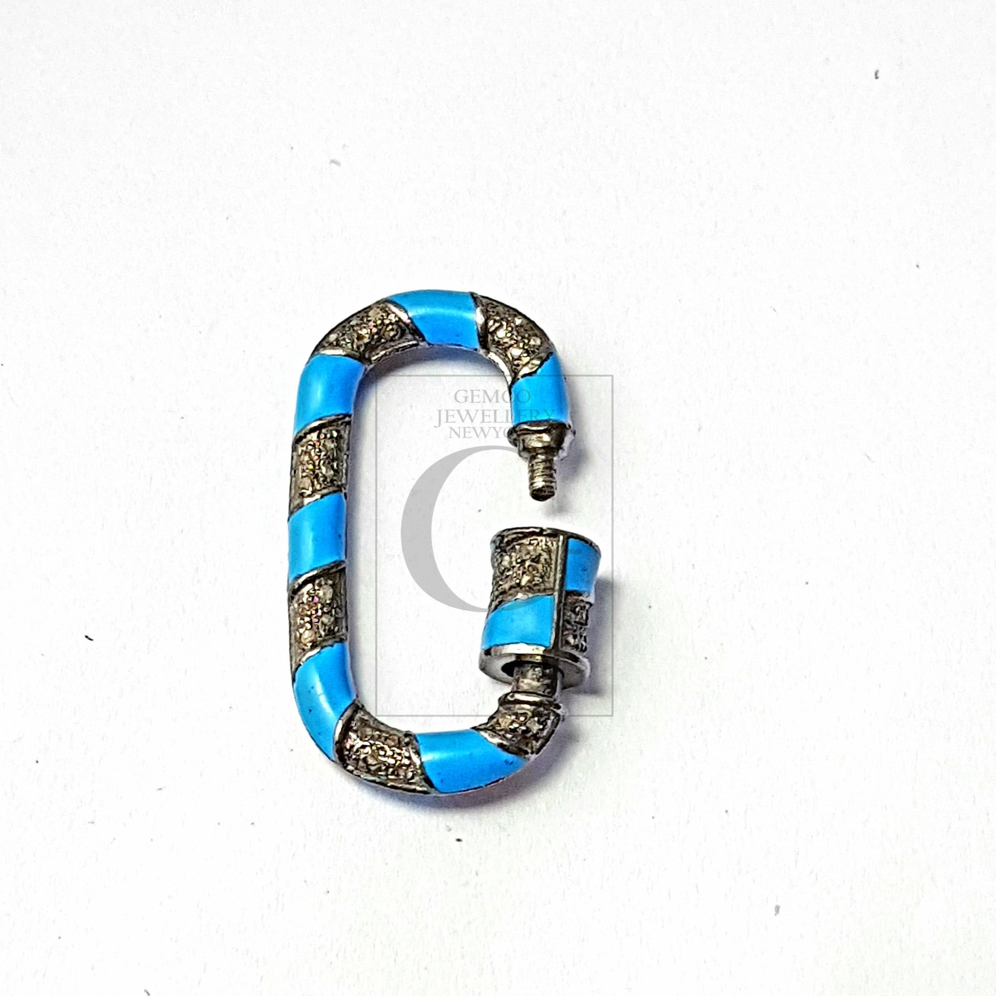 Enamel Color Carabiner Design Clasps Pave Rosecut Diamond 925 Sterling Silver Handmade Oval Shape Design Pave Diamond Handmade Charms