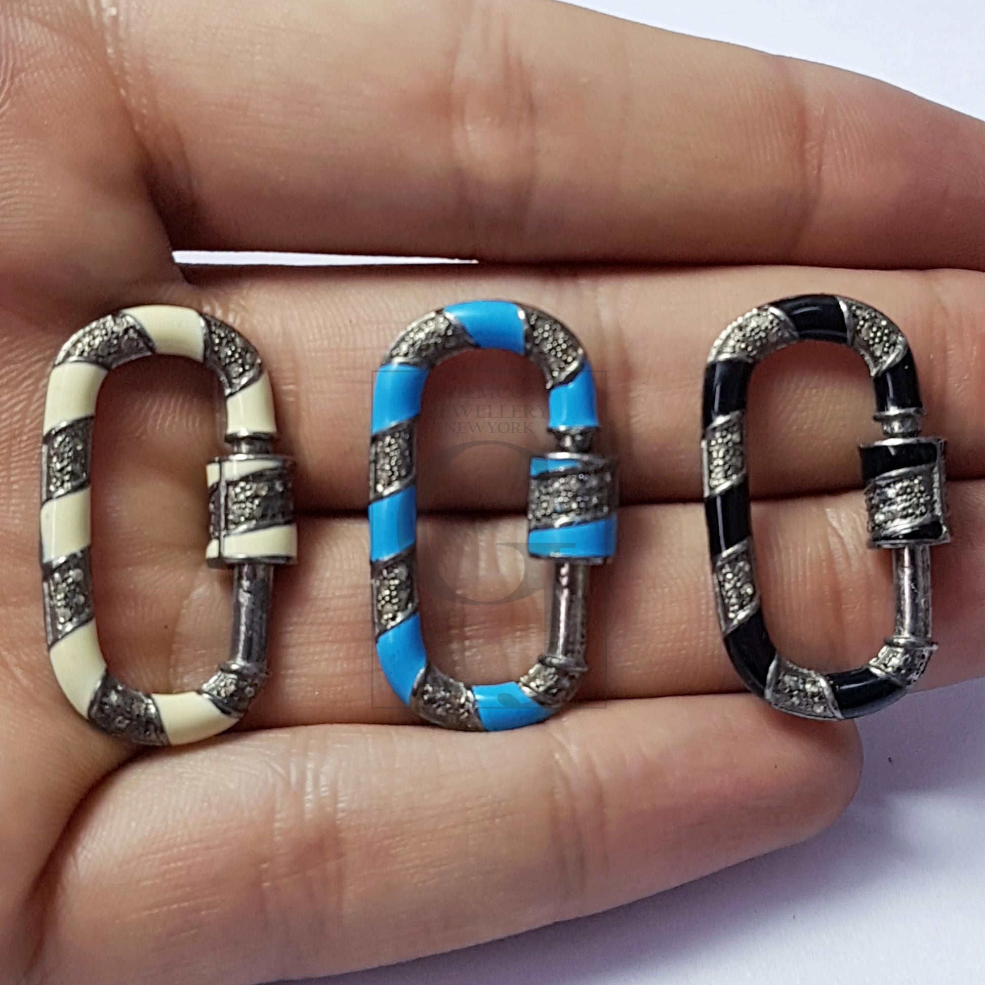 Enamel Color Carabiner Design Clasps Pave Rosecut Diamond 925 Sterling Silver Handmade Oval Shape Design Pave Diamond Handmade Charms