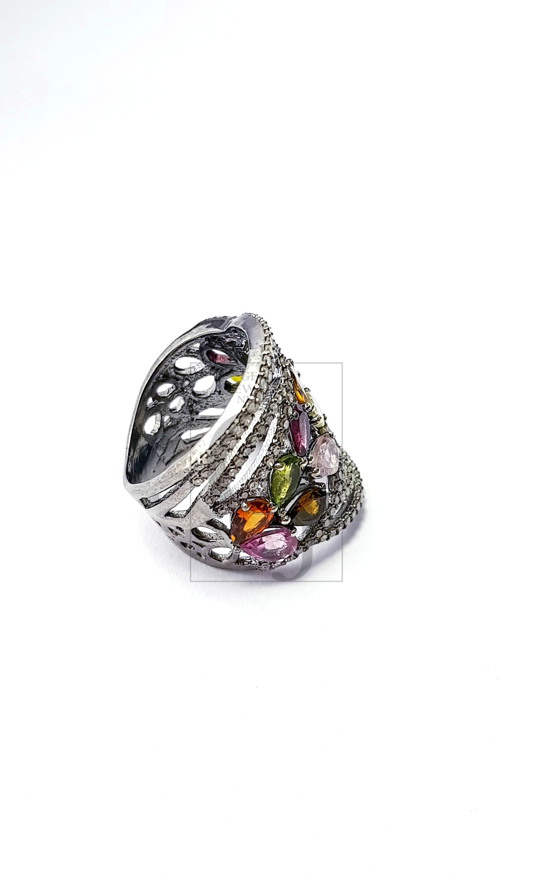 Antique Look Designer Rosecut Pave Diamond Ring 925 Sterling Silver Handmade Silver Oxidised Finish Multi Tourmaline Diamond Beautiful Ring