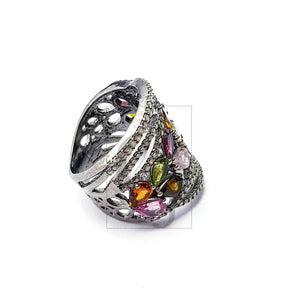 Antique Look Designer Rosecut Pave Diamond Ring 925 Sterling Silver Handmade Silver Oxidised Finish Multi Tourmaline Diamond Beautiful Ring