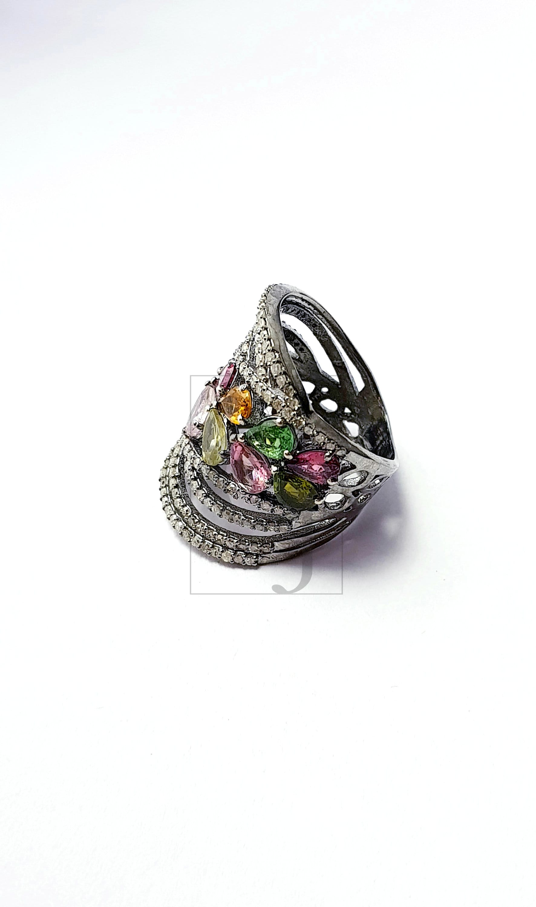 Antique Look Designer Rosecut Pave Diamond Ring 925 Sterling Silver Handmade Silver Oxidised Finish Multi Tourmaline Diamond Beautiful Ring