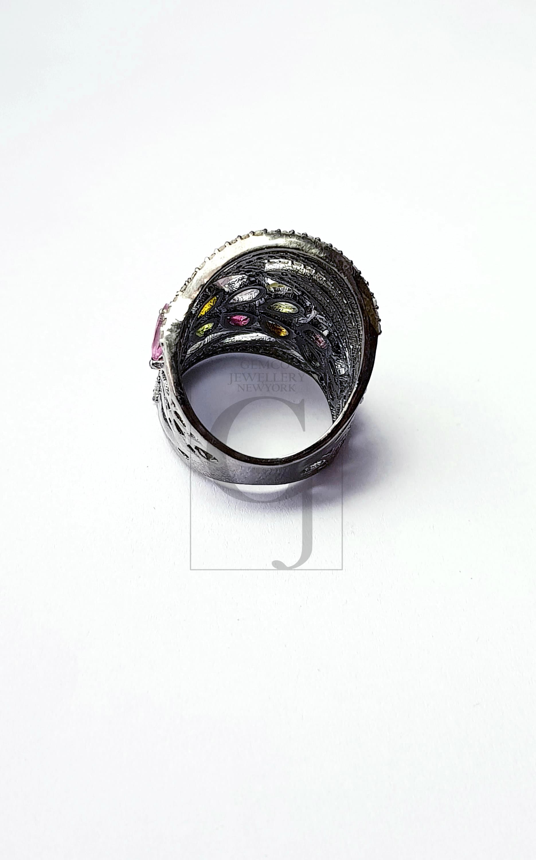 Antique Look Designer Rosecut Pave Diamond Ring 925 Sterling Silver Handmade Silver Oxidised Finish Multi Tourmaline Diamond Beautiful Ring